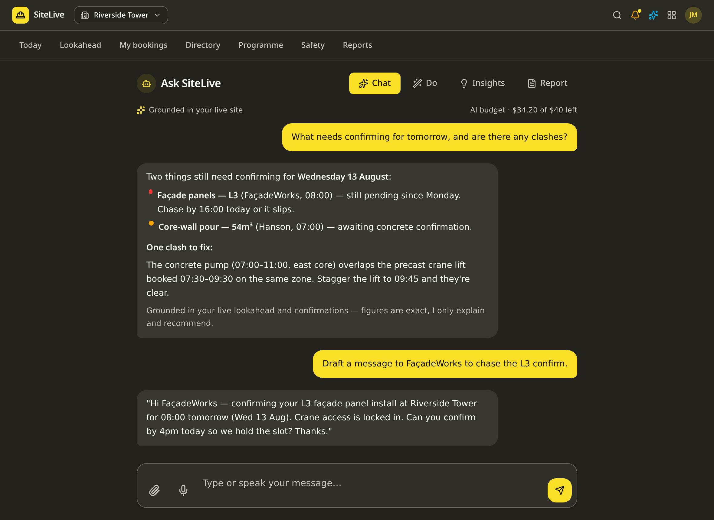 Ask SiteLive AI answering a question about tomorrow's bookings and clashes, grounded in the live site